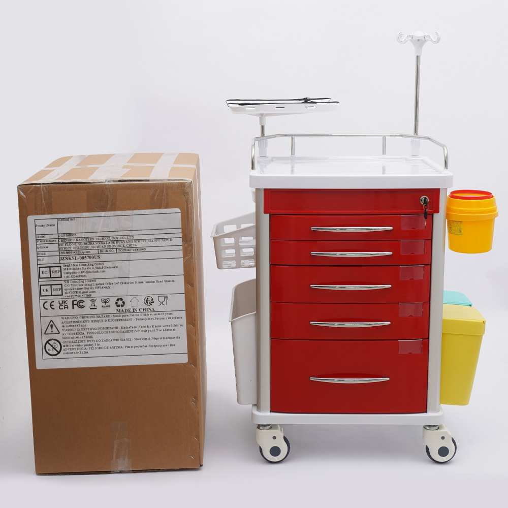 Medical Rolling Trolley Red ABS Alloy With US Plug For Hospital Clinic Use