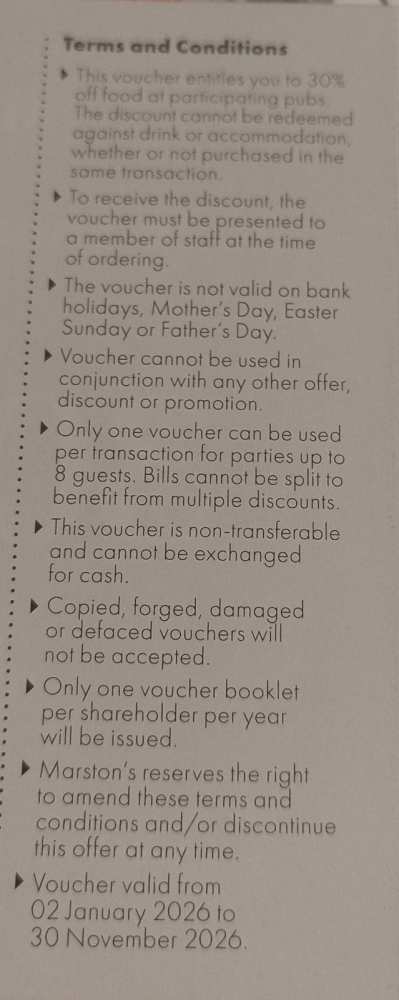 2 No. Marston's 30% Off Food Vouchers Expires 30 November 2026